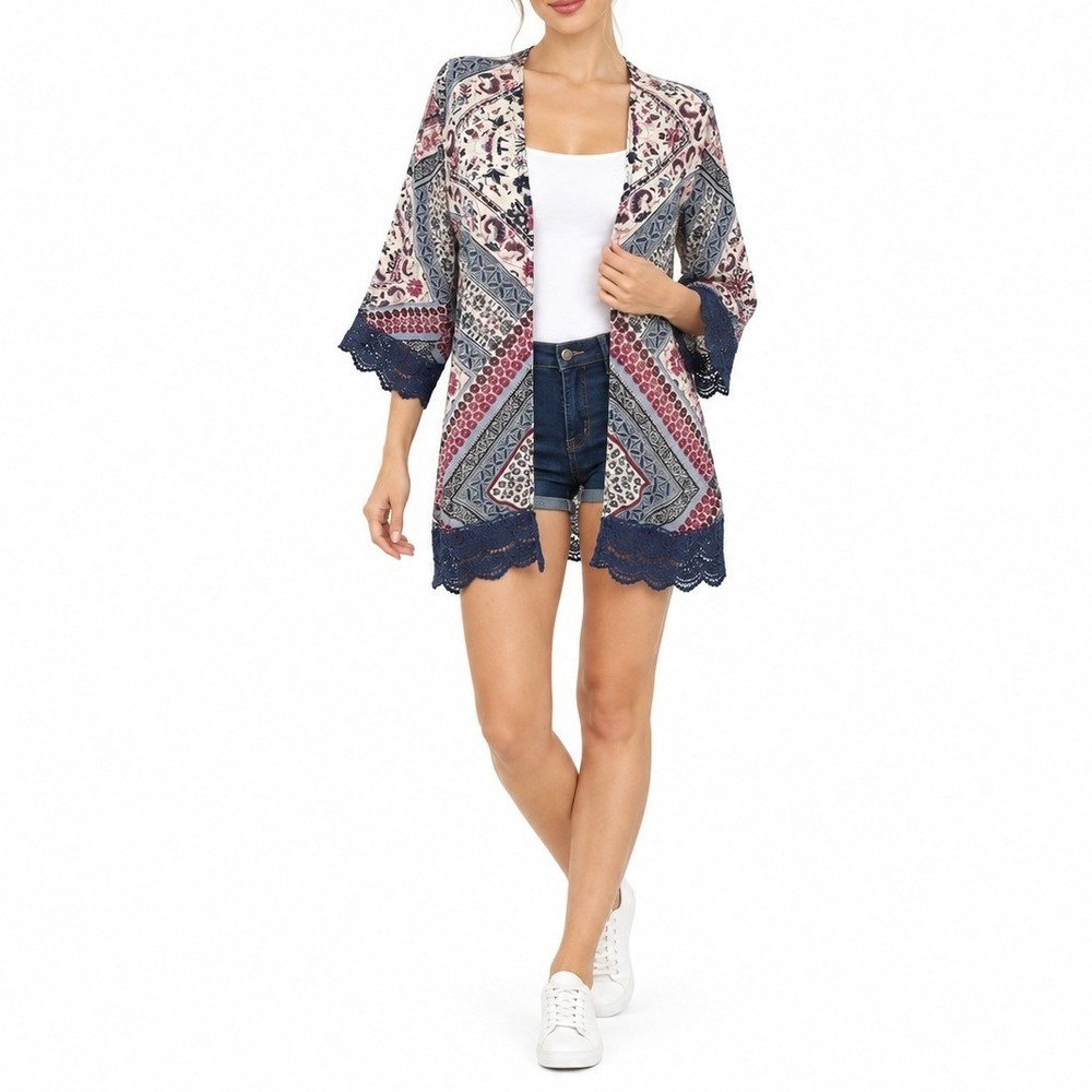 Jolt Kimono Women Small Blue Boho Paisley Lace Trim Open Front Festival Cardigan